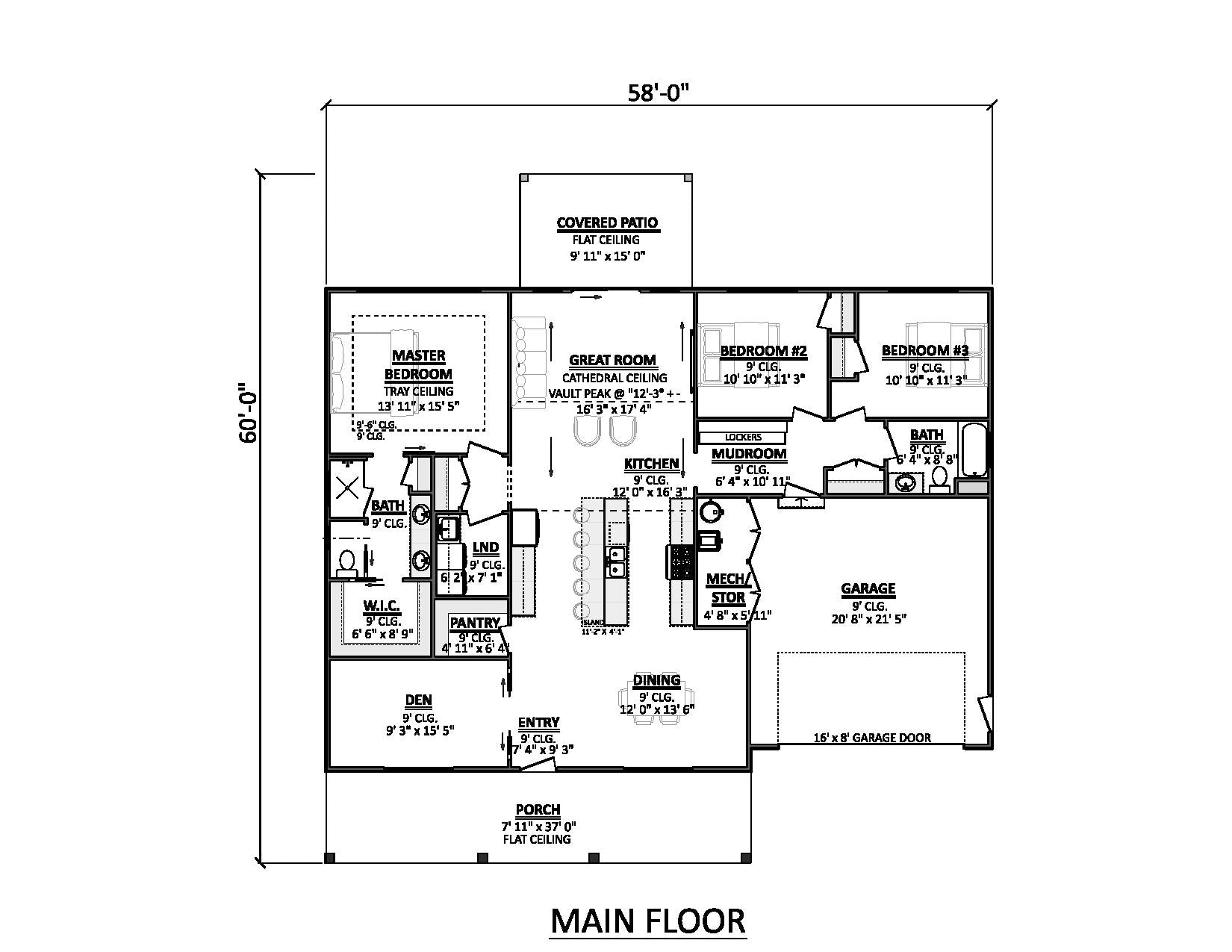 AJ7727-A Modern Farmhouse First Floor Plan, 3 Bedrooms, 2 Bathrooms | Plan 1064