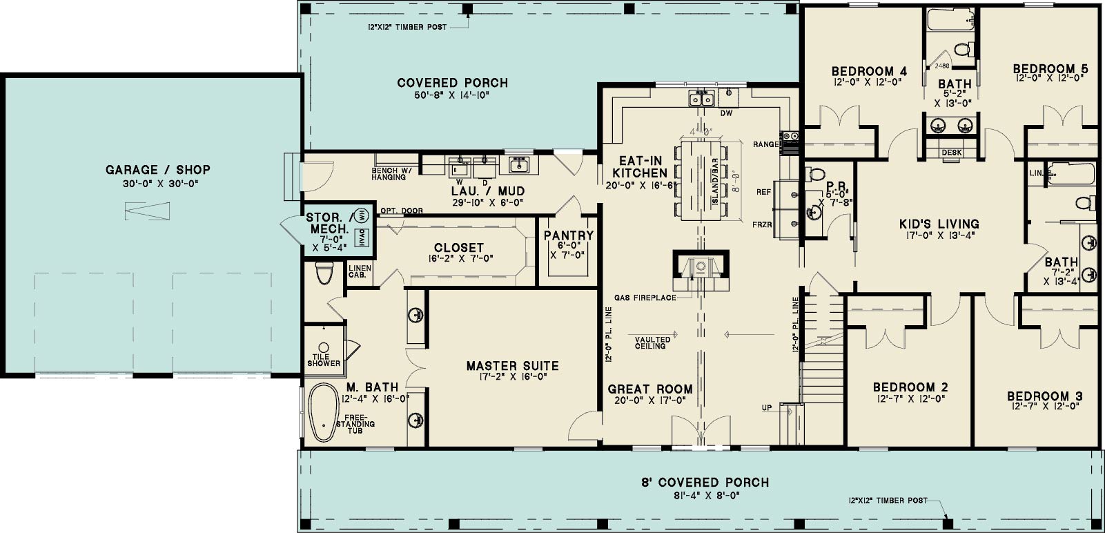 AE8384-A Barndominium Farmhouse First Floor Plan, 5 Bedrooms, 3.5 Bathrooms | Willow Ridge House Plan