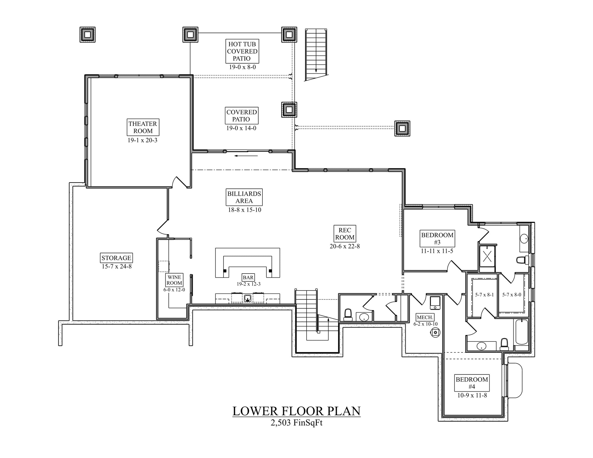 I7969-A Contemporary Mountain House Basement Floor Plan, 3 Bedrooms, 2.5 Bathrooms | The Pelton Creek 3560