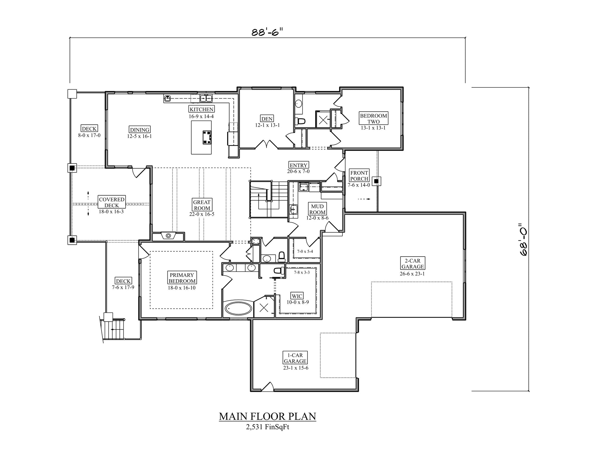 I7972-A Craftsman House First Floor Plan, 2 Bedrooms, 2.5 Bathrooms | The Talbot 3645