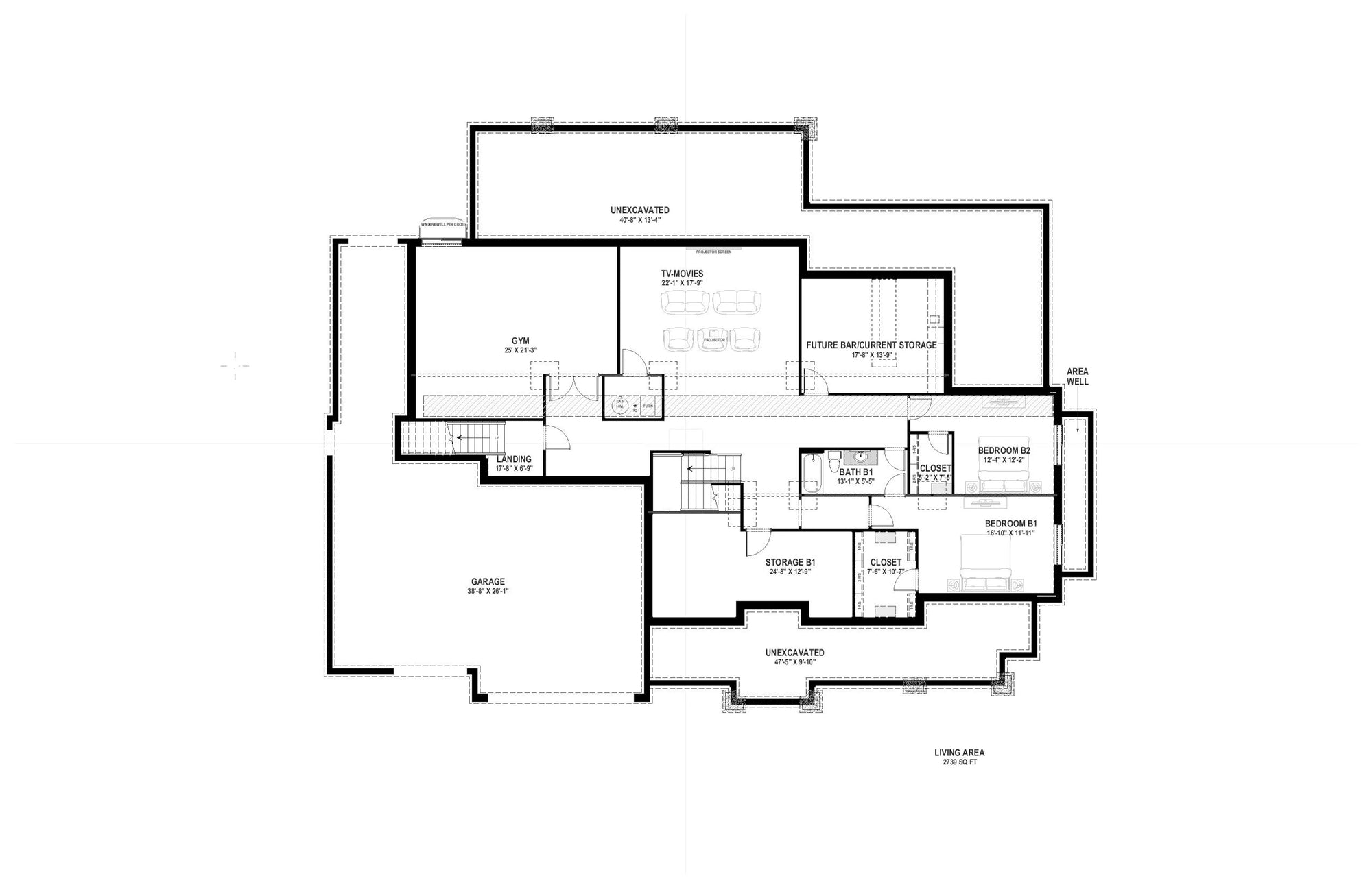 W7601-A Craftsman House Basement Floor Plan, 3 Bedrooms, 2.5 Bathrooms | USA-2827-MT