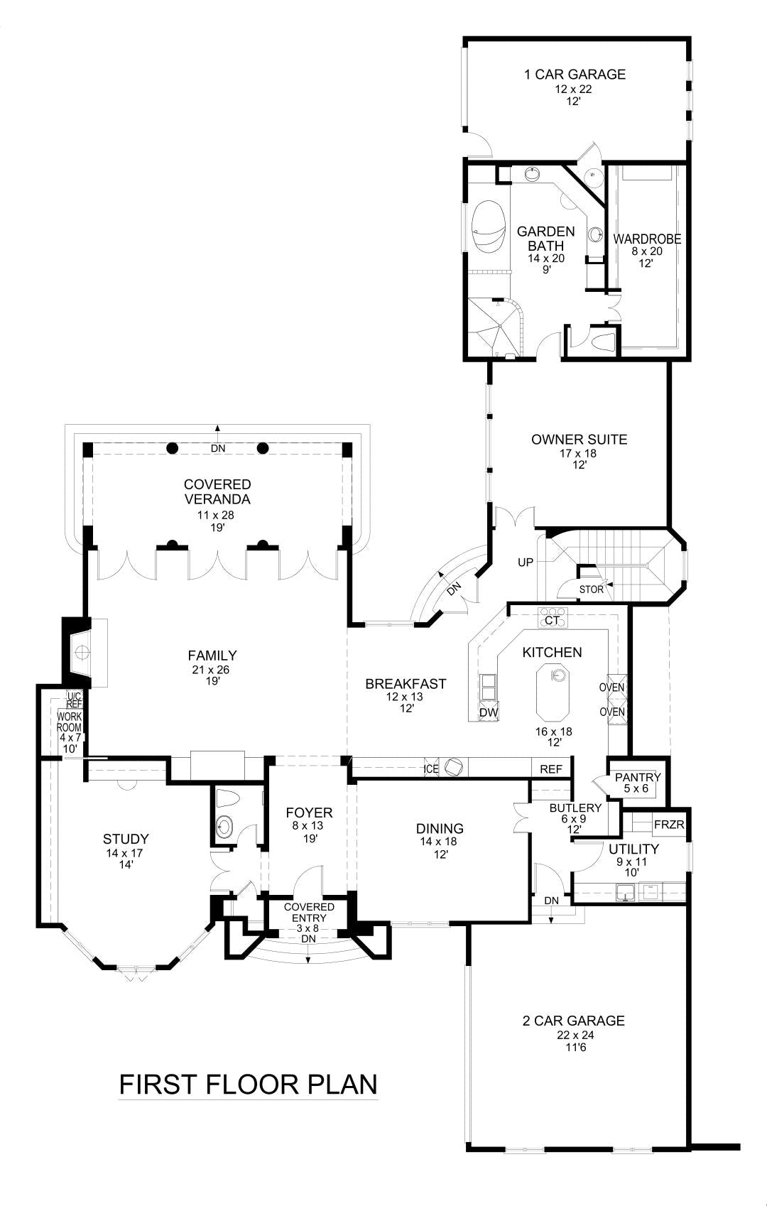 F7974-A Tudor House First Floor Plan, 3 Bedrooms, 3.5 Bathrooms | Woodward Bluffs