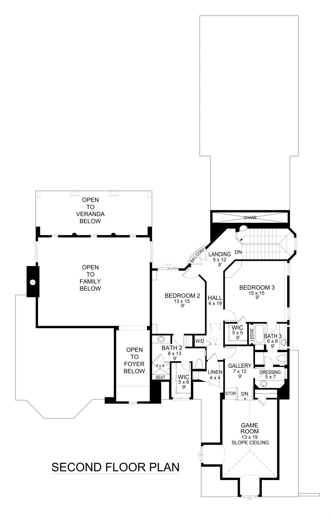 F7974-A Tudor House Second Floor Plan, 3 Bedrooms, 3.5 Bathrooms | Woodward Bluffs