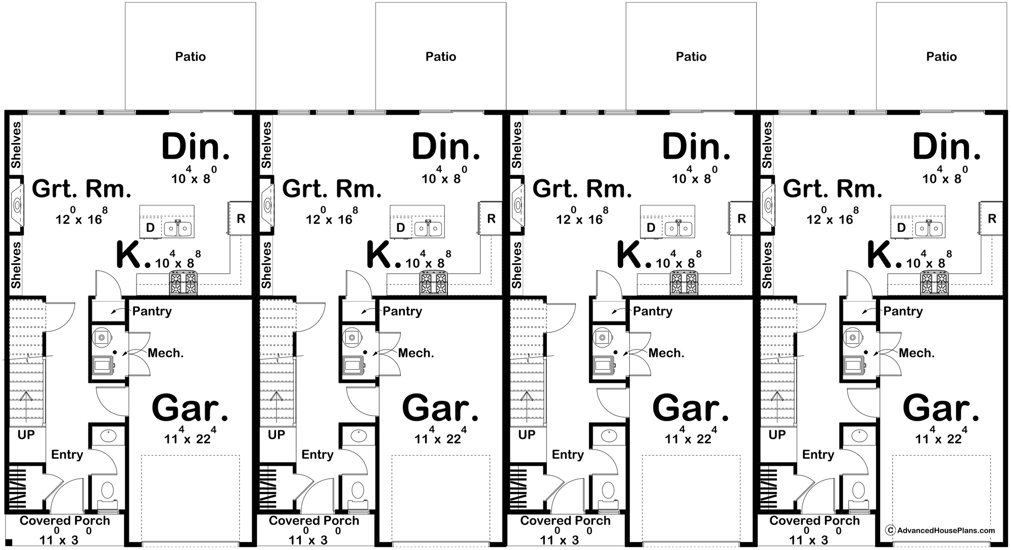 G7877-A Modern Farmhouse Quadplex First Floor Plan, 3 Bedrooms, 2.5 Bathrooms per unit | Buttonwood 30629