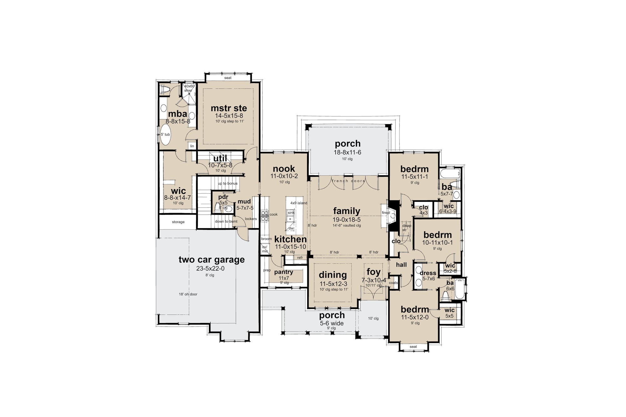 B7779-A Ranch House First Floor Plan, 4 Bedrooms, 3.5 Bathrooms | Aurelius House Plan