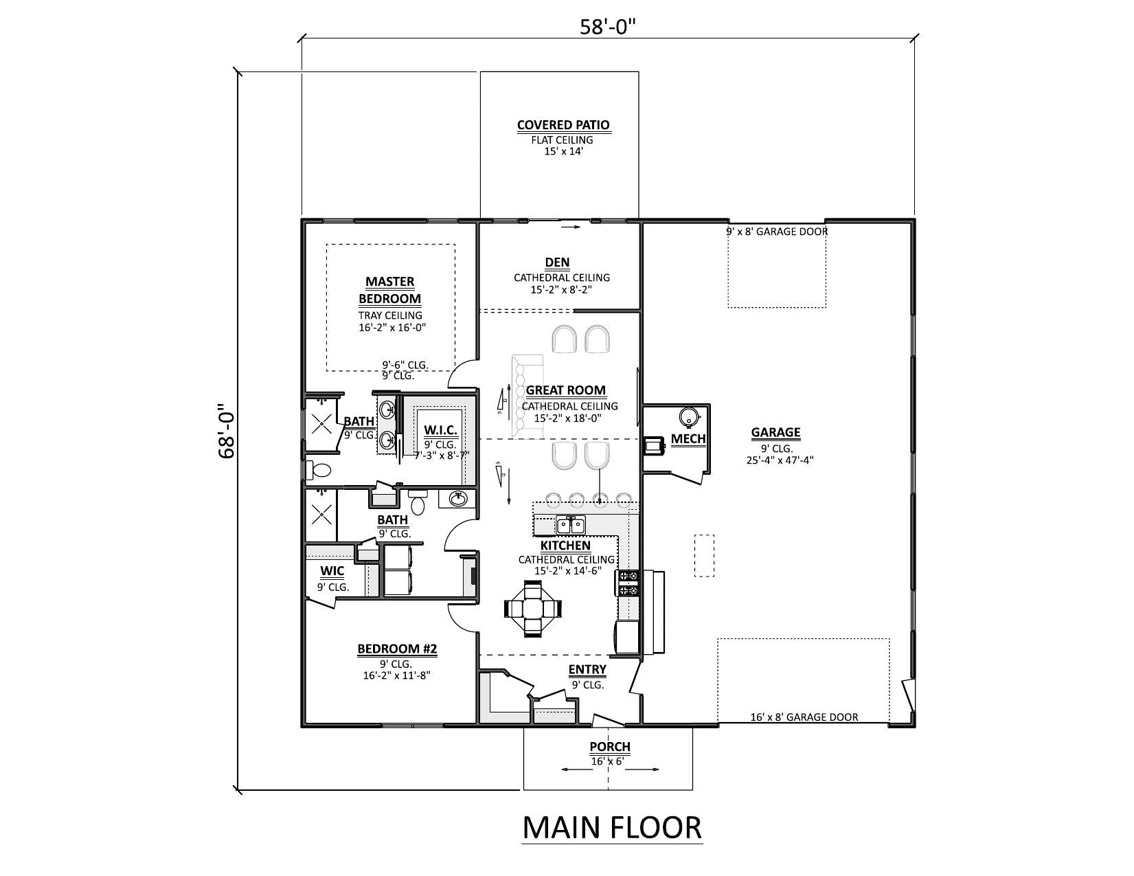 AJ7703-A Modern Barn House First Floor Plan, 2 Bedrooms, 2 Bathrooms | Plan 1049