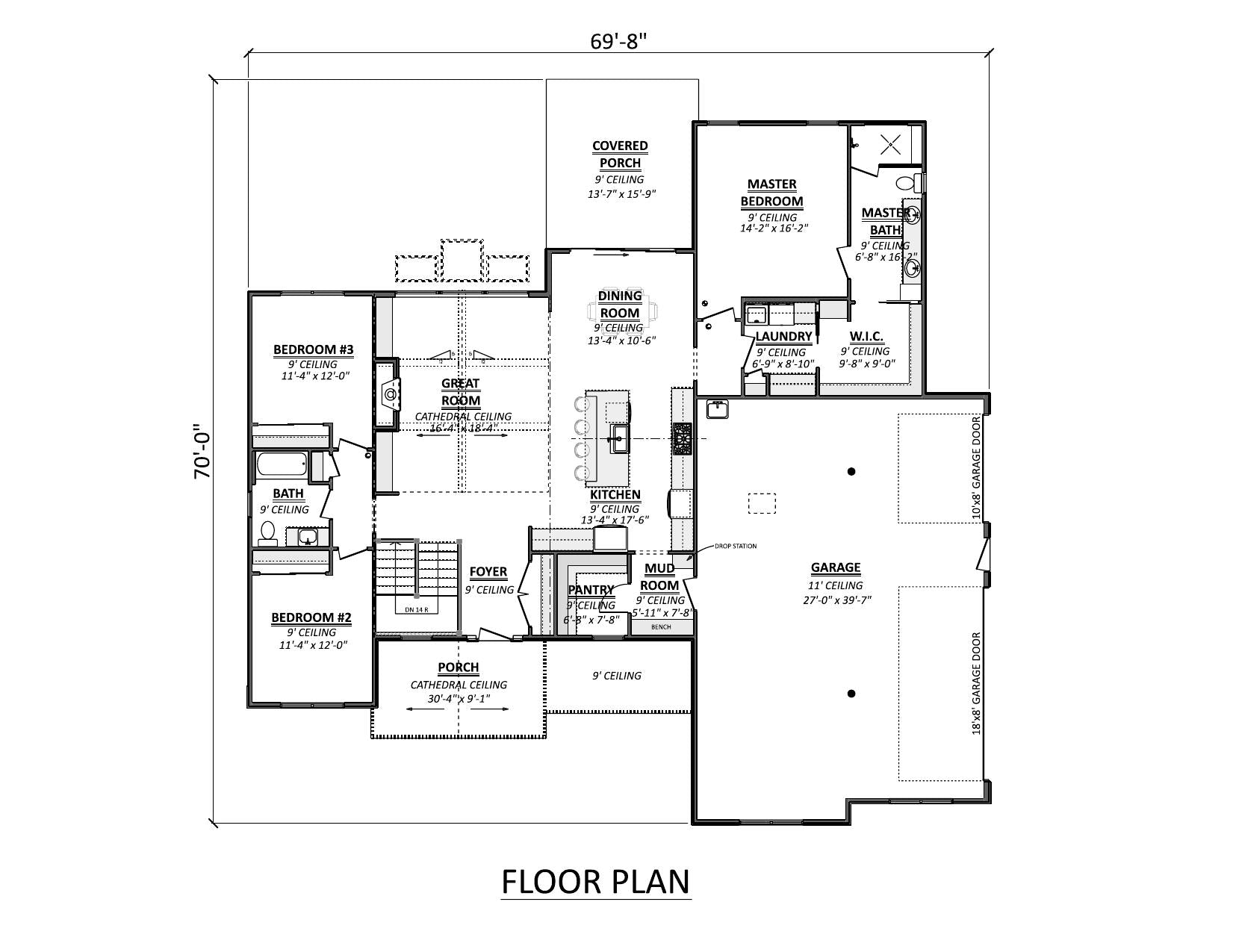 AJ7704-A Modern Farmhouse First Floor Plan, 3 Bedrooms, 2 Bathrooms | Plan 1051