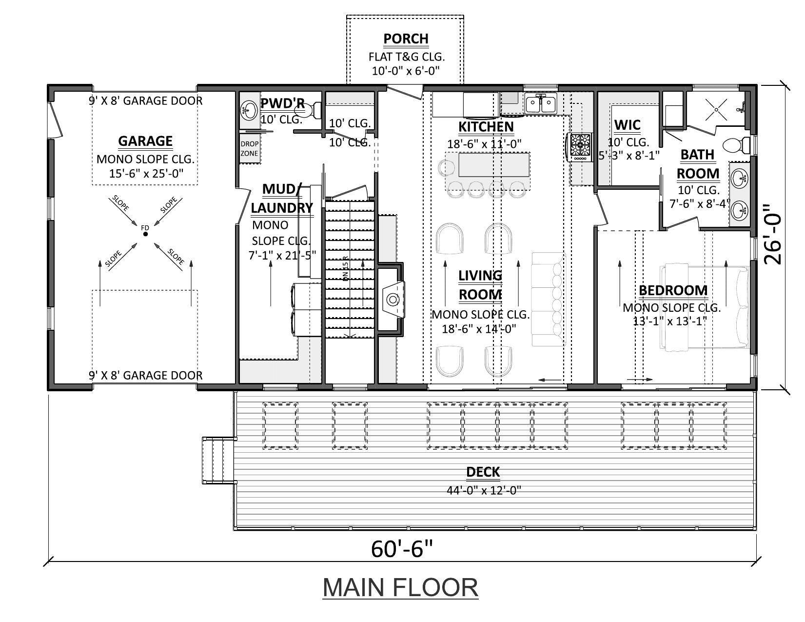 AJ7706-A Modern Ranch House First Floor Plan, 3 Bedrooms, 2.5 Bathrooms | Plan 1053