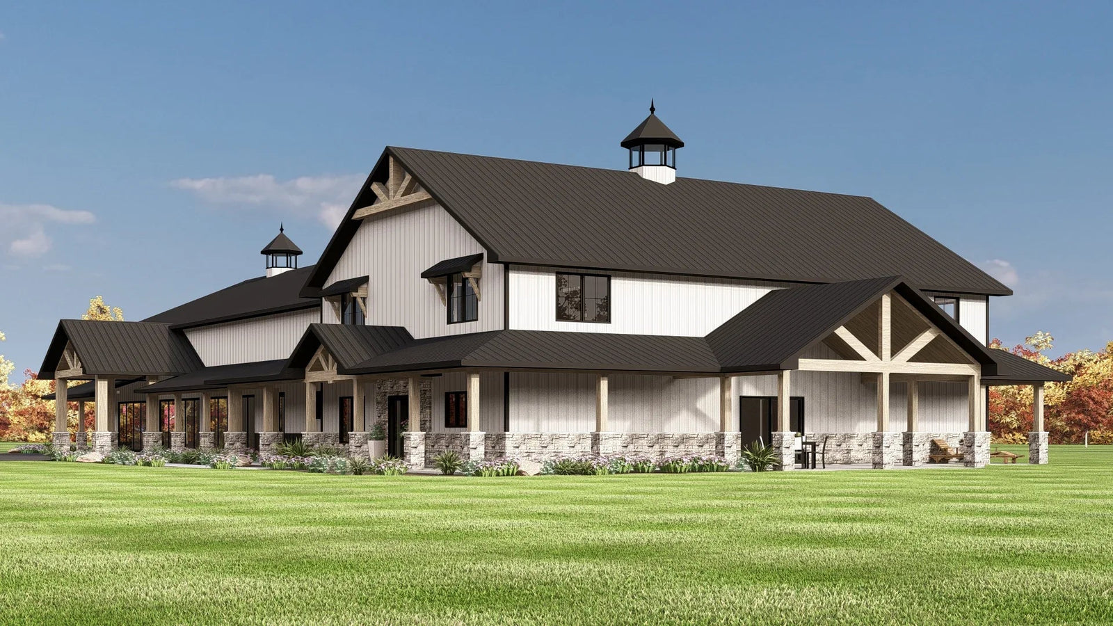 2-Bedroom Barndominium Plans with Wrap-around Porches