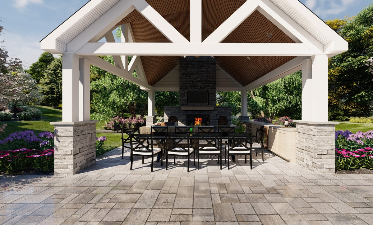 Stylish Pool House Retreat with Fireplace and Open Interior Layout