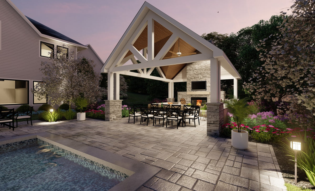 Stylish Pool House Retreat with Fireplace and Open Interior Layout