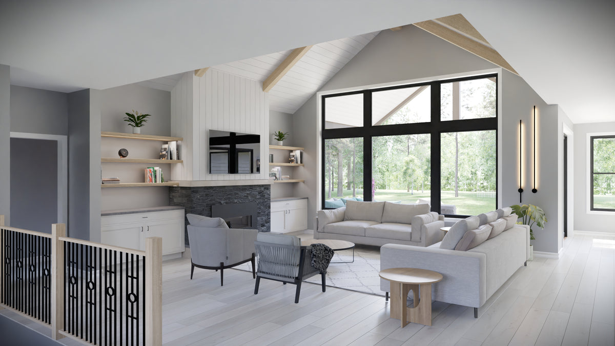 AJ7698-A Modern Farmhouse Great Room, 3 Bedrooms, 2.5 Bathrooms | Plan 1042 