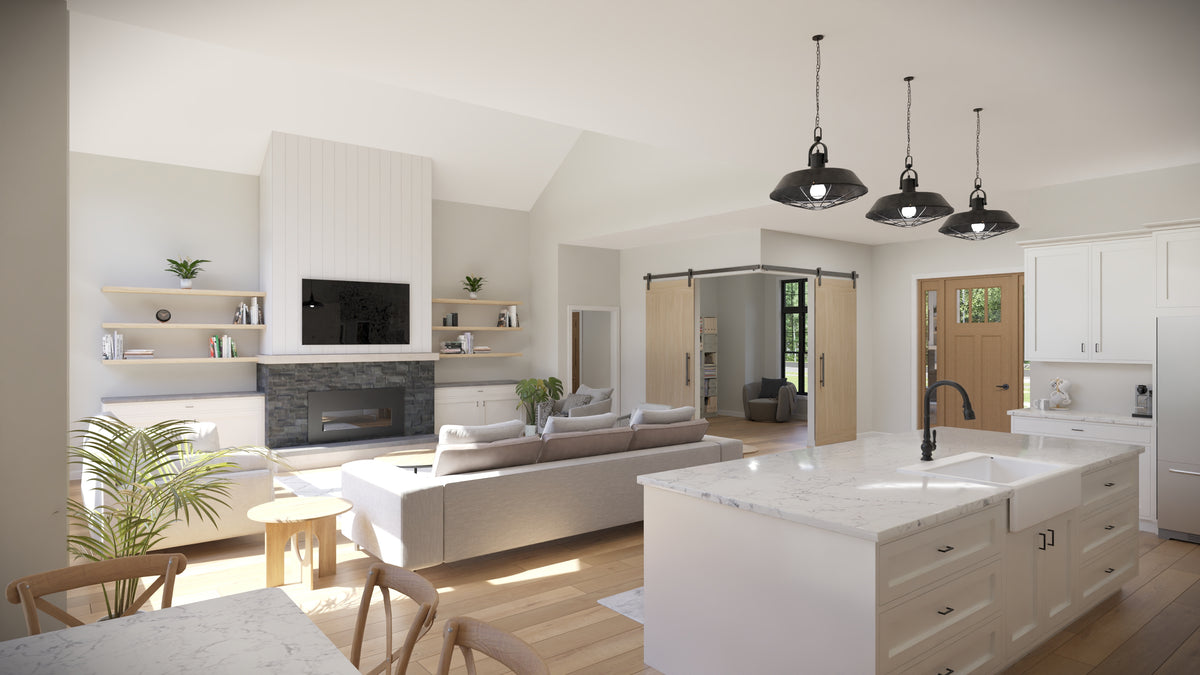 AJ7699-A Craftsman House Kitchen and Great Room, 3 Bedrooms, 2.5 Bathrooms | Plan 1043