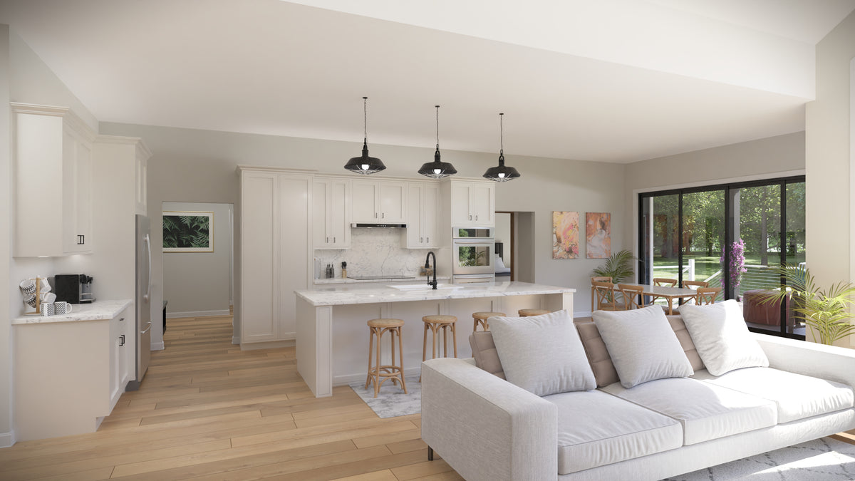 AJ7699-A Craftsman House Great Room and Kitchen, 3 Bedrooms, 2.5 Bathrooms | Plan 1043