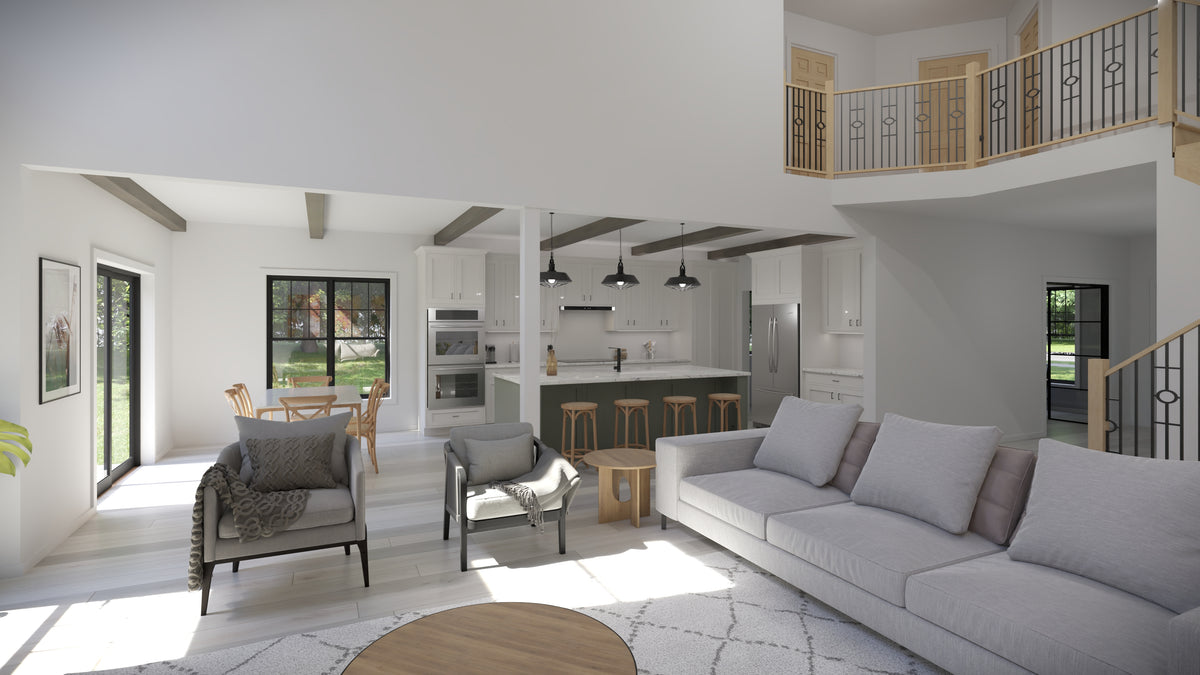 AJ7701-A Traditional House Great Room and Kitchen, 4 Bedrooms, 3.5 Bathrooms | Plan 1045 