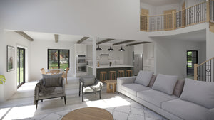 AJ7701-A Traditional House Great Room and Kitchen, 4 Bedrooms, 3.5 Bathrooms | Plan 1045 