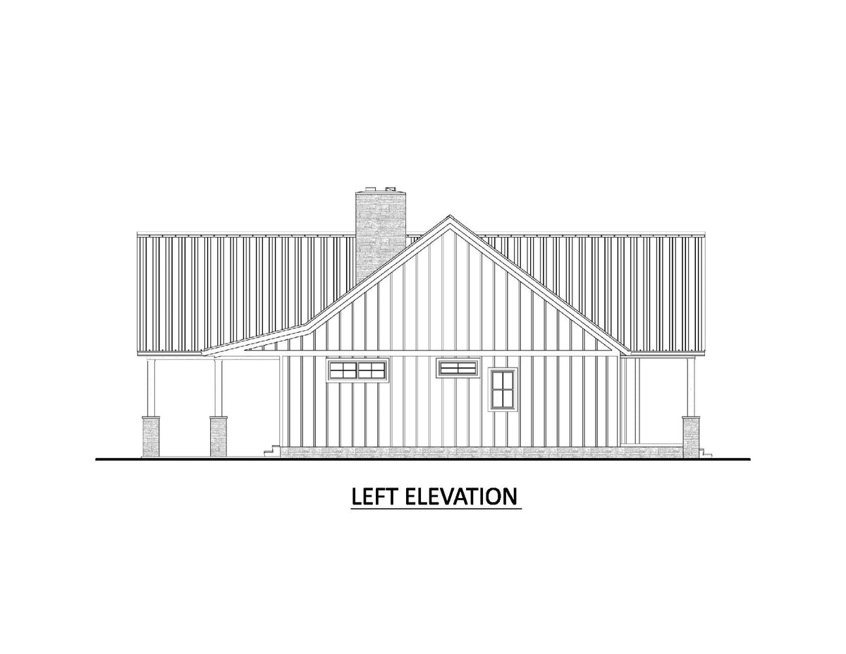 AJ7709-A Modern Barndominium House Left Elevation, 2 Bedrooms, 2 Bathrooms | Plan 1058 