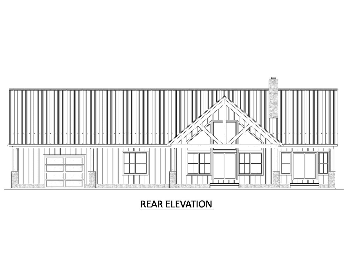 AJ7709-A Modern Barndominium House Rear Elevation, 2 Bedrooms, 2 Bathrooms | Plan 1058 