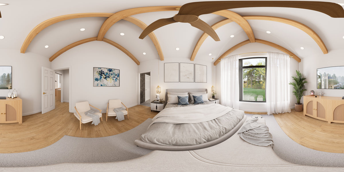 AJ7715-A Mountain Ranch House Master Bed Panorama, 3 Bedrooms, 2.5 Bathrooms | Plan 1060 