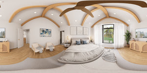 AJ7715-A Mountain Ranch House Master Bed Panorama, 3 Bedrooms, 2.5 Bathrooms | Plan 1060 