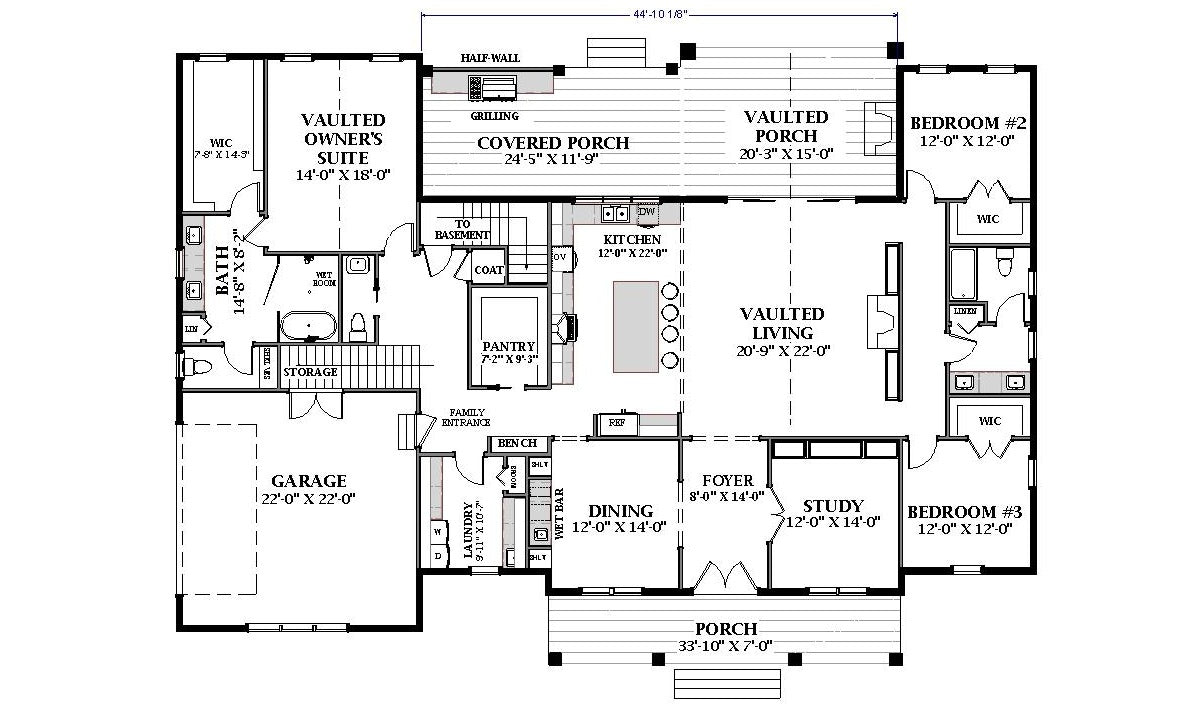 U7411-A 110225 House Basement Stair Location Floor Plan 3 Beds 2.5 Baths