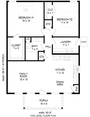 L7916-A Country House First Floor Plan, 2 Bedrooms, 1 Bathroom | Buffalo Farms 