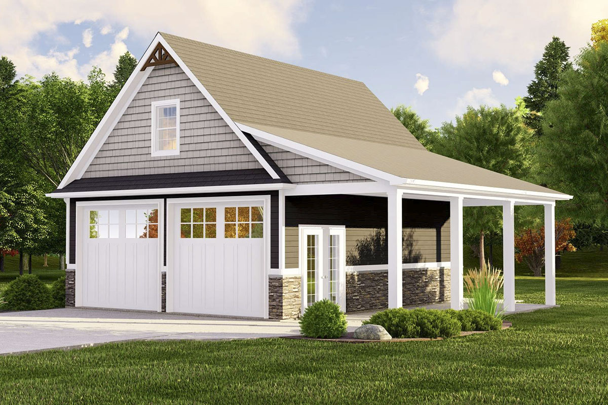 Detached Garage with Bonus Room and Covered Side Porch | Garage House Plan  #Q2625-A | Archival Designs, image size:1200x800