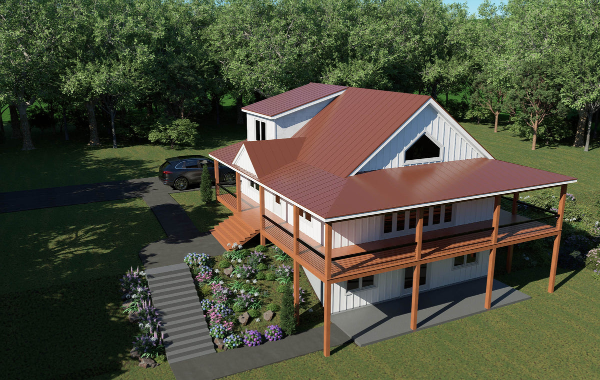 L8097-A Country Farmhouse, 3 Bedrooms, 1 Bathroom, 2 Half Bathrooms | Chippaquiddick Pine Haven House Plan Exterior-2