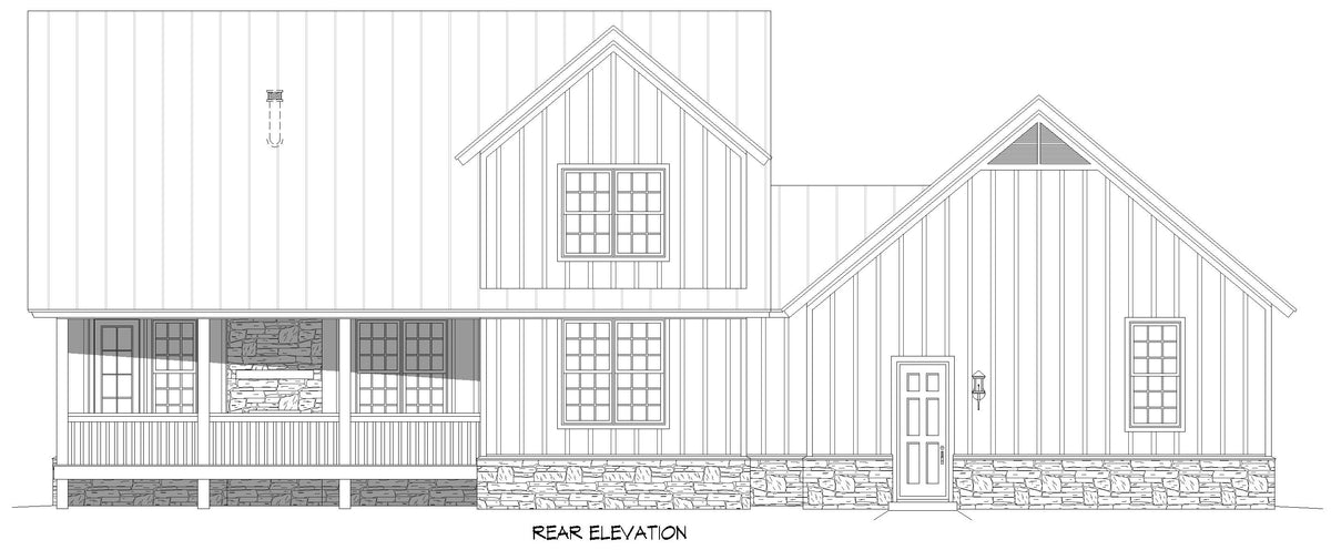 L8249-A Country House, 3 Bedrooms, 2.5 Bathrooms | Chestnut Ridge Farmhouse House Plan Rear Elevation