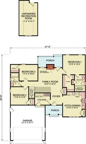 A8157-A Faxon House Plan First Floor Plan, 3 Bedrooms, 2 Bathrooms, Traditional House Plan 