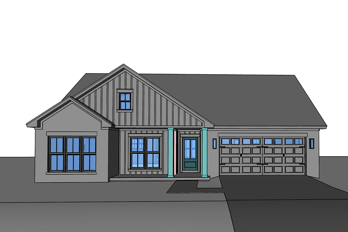 H8438-A Farmhouse House, 3 Bedrooms, 2 Bathrooms | Rowan House Plan Grayscale
