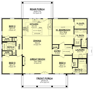 H8161-A Country Farmhouse First Floor Plan, 4 Bedrooms, 3 Bathrooms | Everly House Plan 