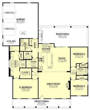 H7539-A Cottage House First Floor Plan, 3 Bed, 2.5 Bath | Plan 1990-S 
