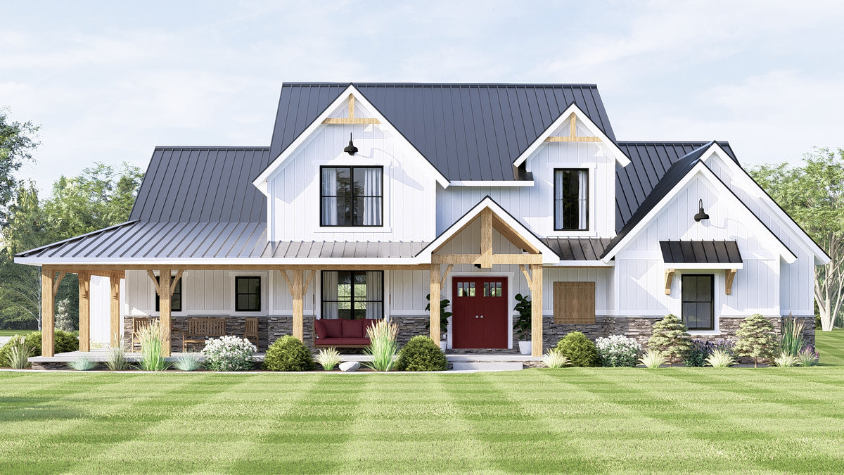Q8412-A Modern Farmhouse, 3 Bedrooms, 2 Bathrooms, 2 Half Bath | 2071 House Plan Exterior-2