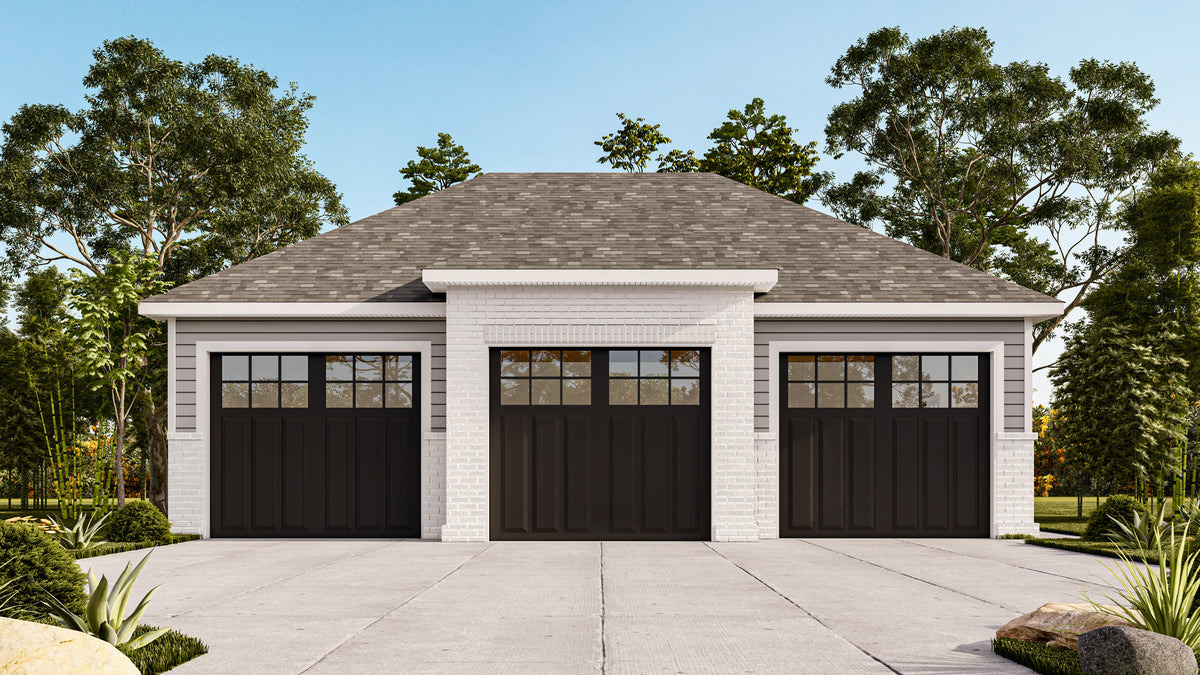 Spacious Three-Car Garage Plan with High Ceilings and Storage