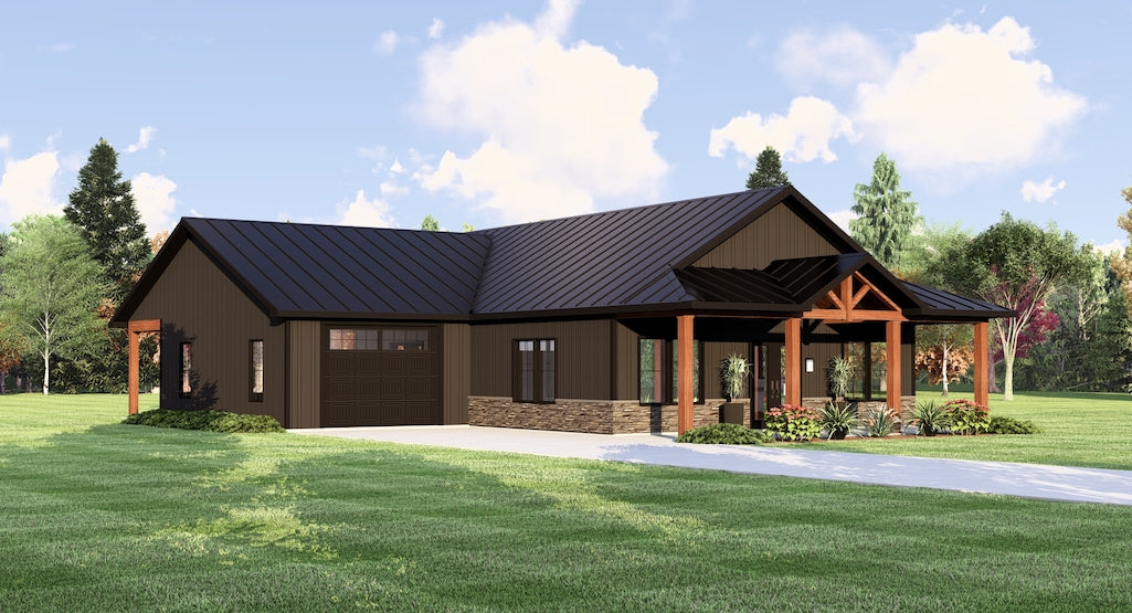 Single-Story Mountain Country House Plan with Workshop