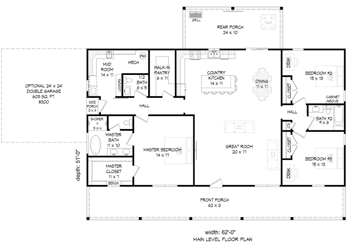 L7296-A Scarlet Oak House floor Plan 3 Beds 2.5 Baths