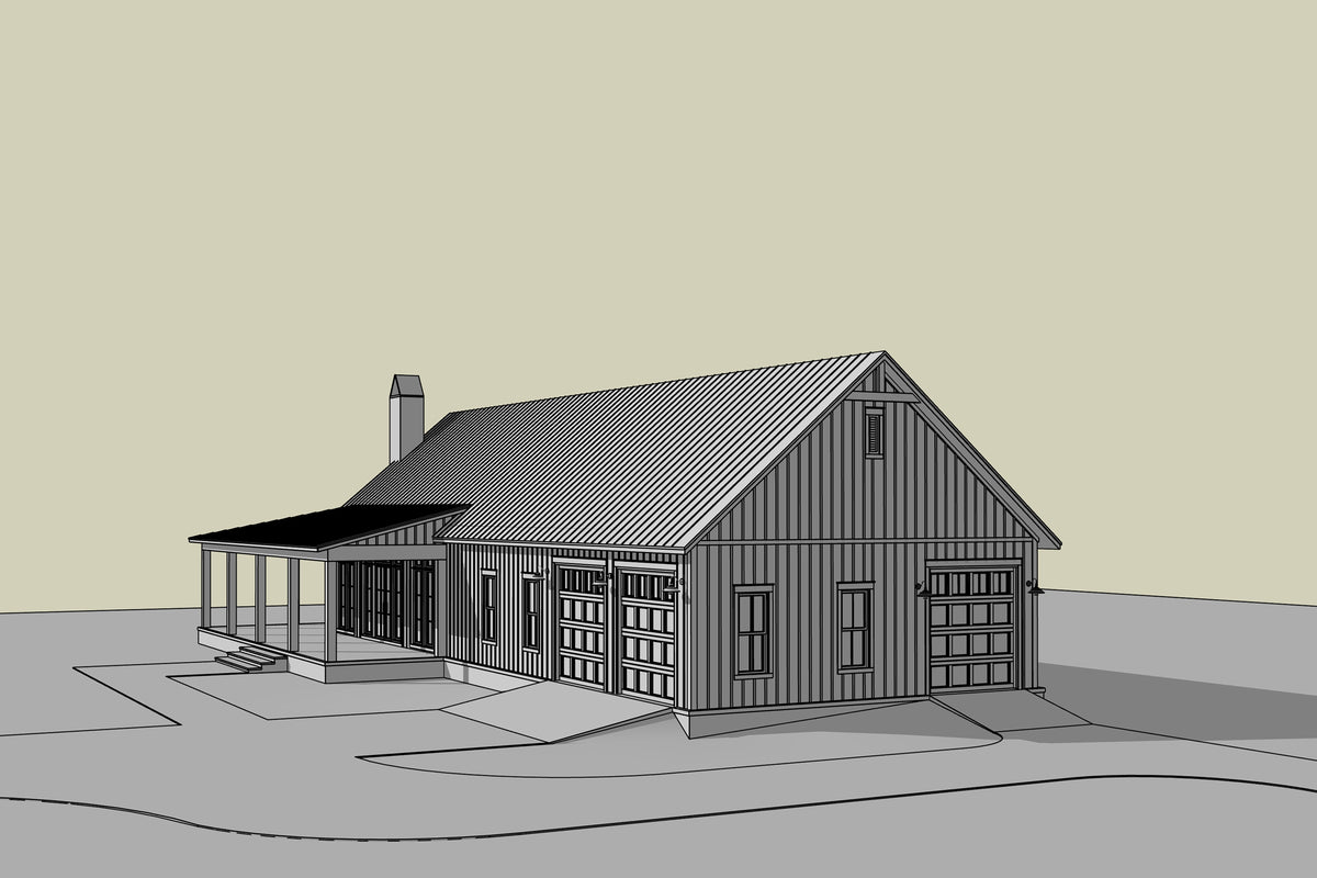 H8216-A Modern Barndominium House, 4 Bedrooms, 2.5 Bathrooms | Canton House Plan Grayscale 2