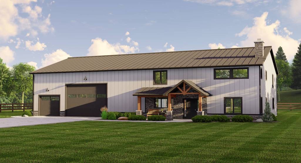 Barndominium with Front-Entry Garage and 2-Story Great Room