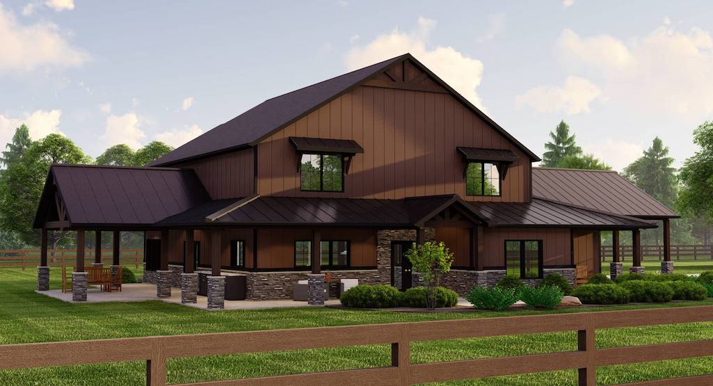 Two Story Country House Plan with Wraparound Porch and Carport