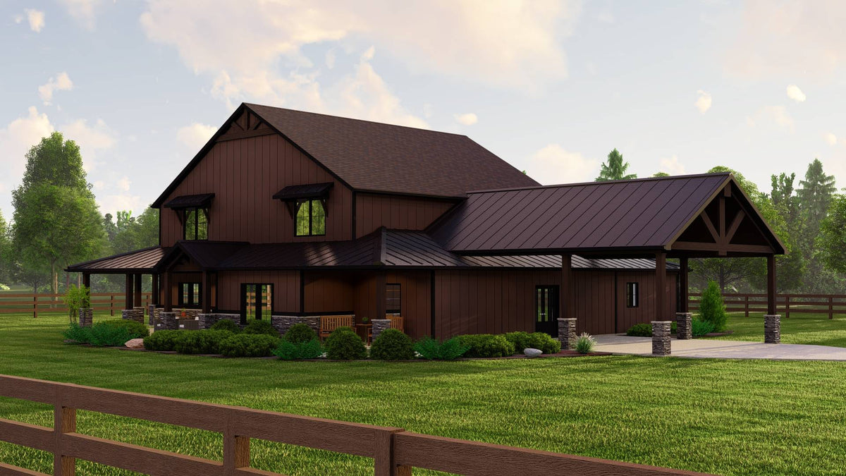 Two Story Country House Plan with Wraparound Porch and Carport