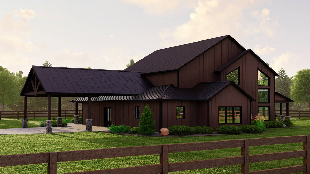 Two Story Country House Plan with Wraparound Porch and Carport