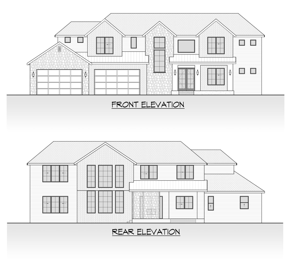 AC8162-A Transitional Modern Farmhouse, 5 Bedrooms, 4.5 Bathrooms | Malanchuk Lakewood House Plan Front and Rear Elevation
