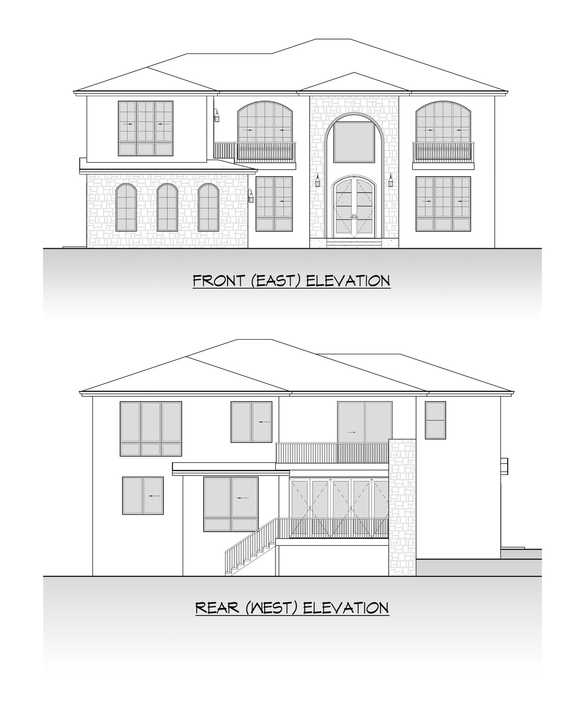 AC8169-A Contemporary House, 5 Bedrooms, 5.5 Bathrooms | Mohjeet Tuscan House Plan Front and Rear Elevation