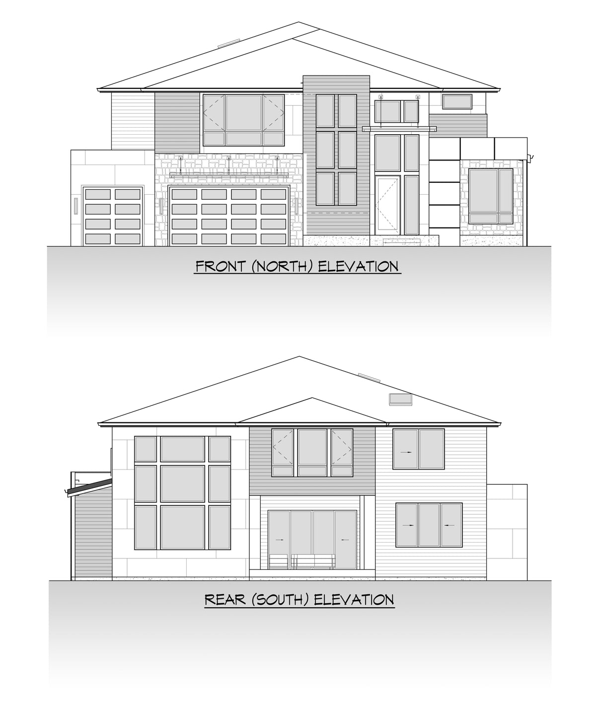 AC8171-A Contemporary House, 5 Bedrooms, 4 Bathrooms, 2 Half Baths | Villa House Plan Front and Rear Elevation