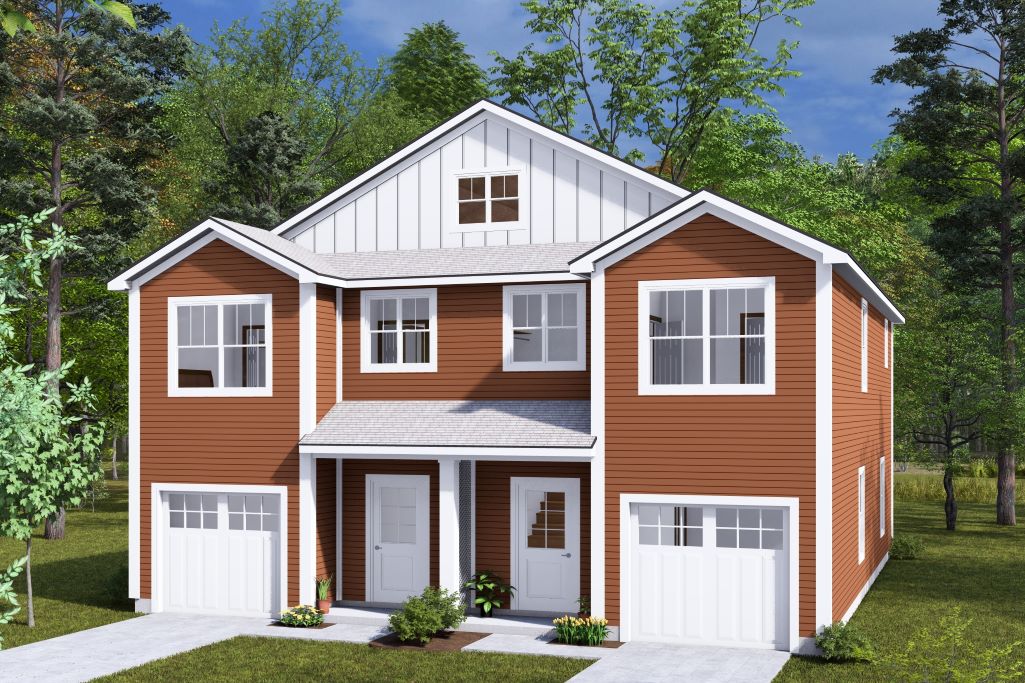 Efficient 2-Story Duplex House Plan with 3 Bedrooms and Garages