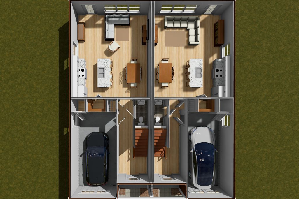 Efficient 2-Story Duplex House Plan with 3 Bedrooms and Garages