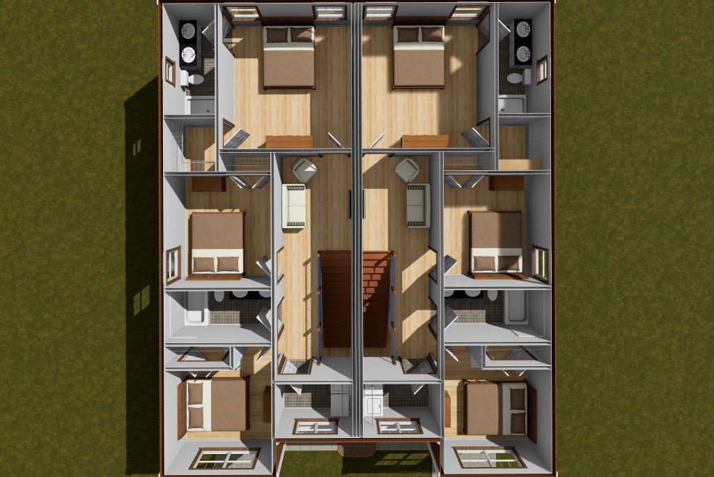 Efficient 2-Story Duplex House Plan with 3 Bedrooms and Garages