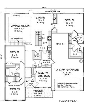 J7229-E House First Floor Plan 4 Bed 2.5 Bath