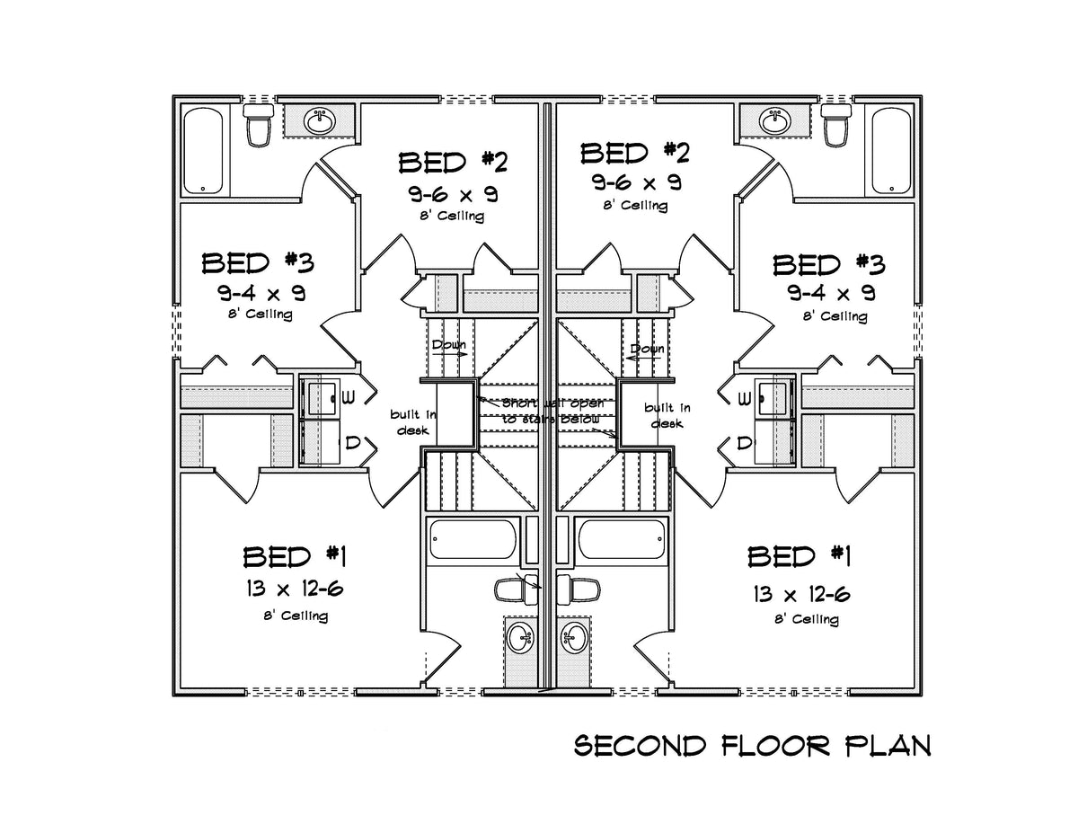 J7249-E Whispering Pines House Duplex Second Floor Plan 6 Bed 4 Baths, 2 Half Baths